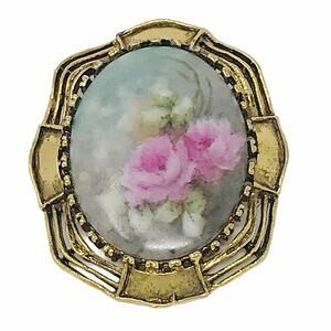 Vintage Painted Pink Rose Ceramic Pendant & Pin